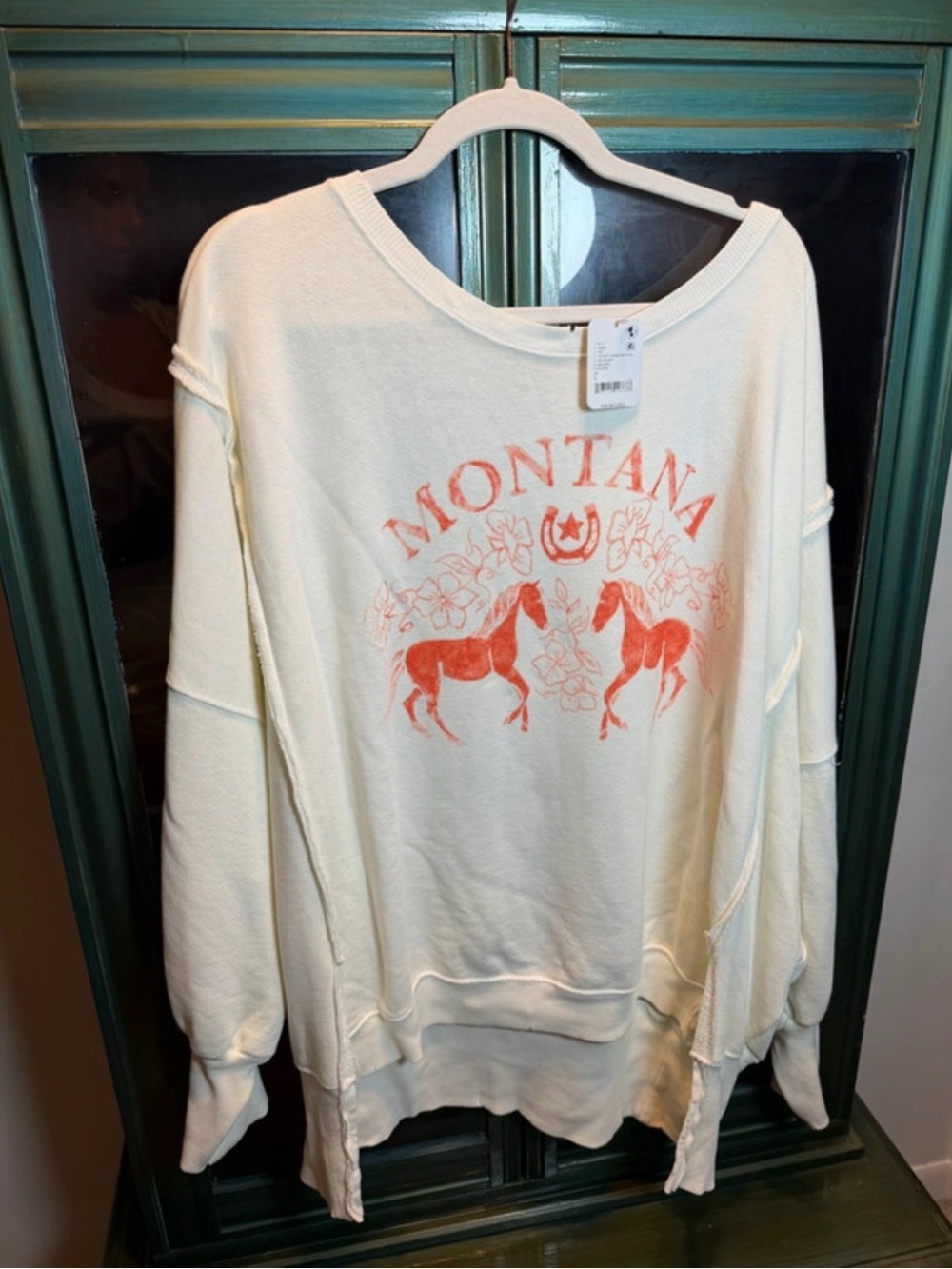 Free People Cream Montana Graphic Crewneck with Coral Print